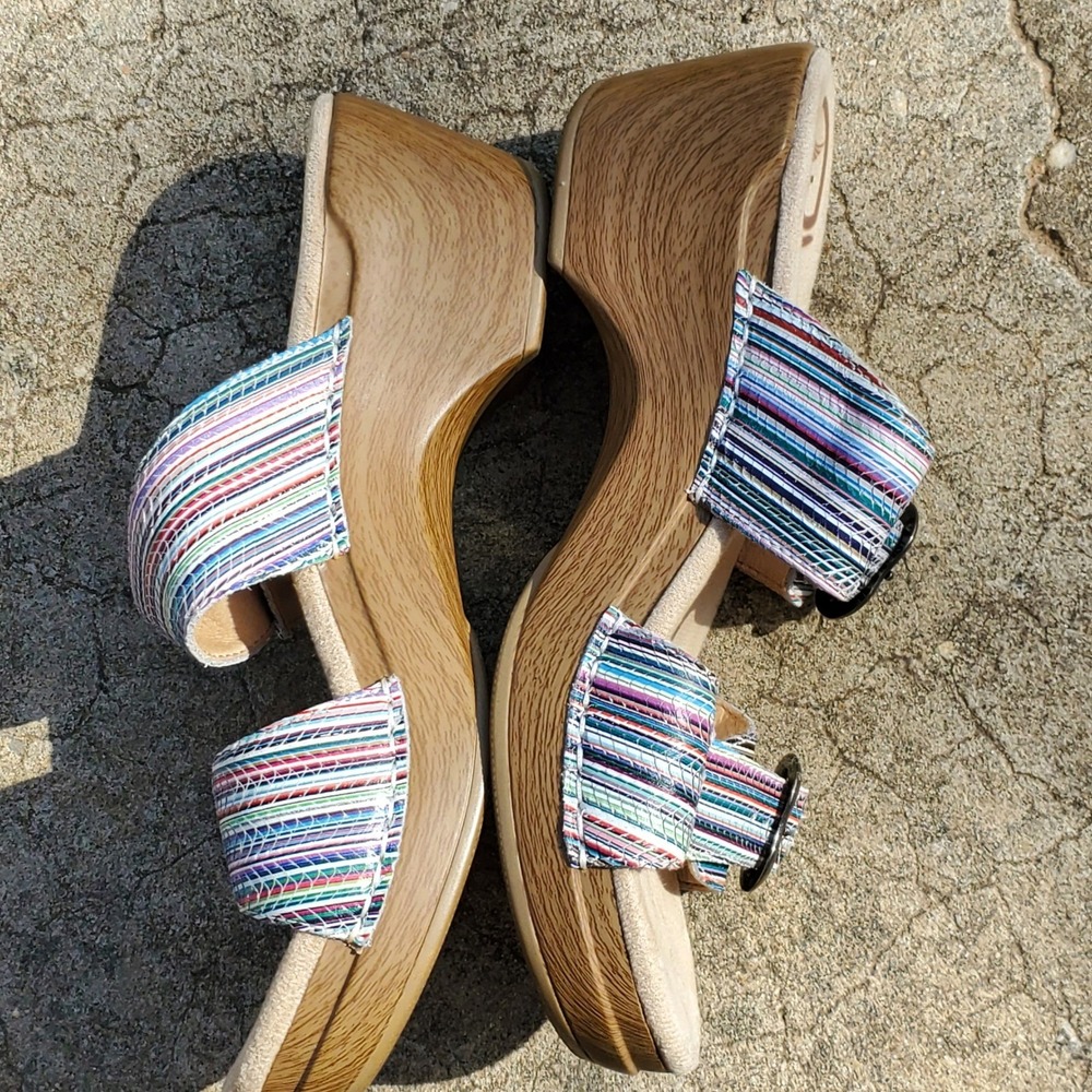 Dansko Sophie Multi Color Strappy Striped Leather Slide Sandals Wedge 37 Casual - Picture 8 of 11